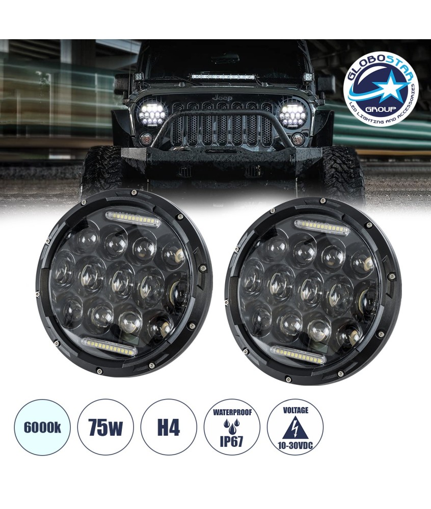 GloboStar® 85417 Σετ 2 x Φανάρια JEEP WRANGLER 7'' Ιντσών Βασικού Φωτισμού H-L με Ring Light DRL & Φλας LED CREE CXB COB 75W 12000lm DC 10-30V Αδιάβροχα IP67 Ψυχρό Λευκό 6000K